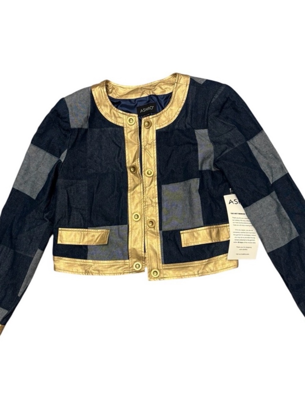 Ashro NWT Denim Patchwork Jacket with Gold faux leather trim, Medium